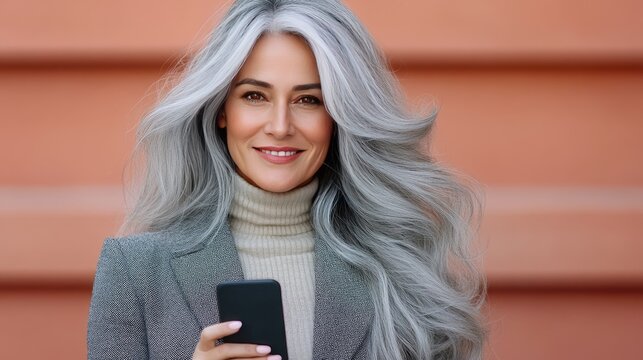 Charming middle-aged woman with silver hair enjoys a sunny day in the city while using her smartphone