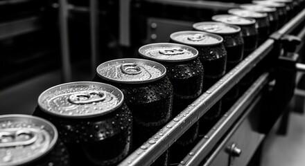 Captivating close-up captures condensation glistening on a row of dark beverage cans moving along a sleek industrial production line, evoking freshness and modern manufacturing.
