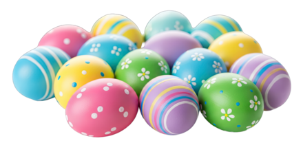 Assortment of colorful decorated Easter eggs in pastel shades with playful patterns and floral designs on a transparent background symbolizing spring and celebration