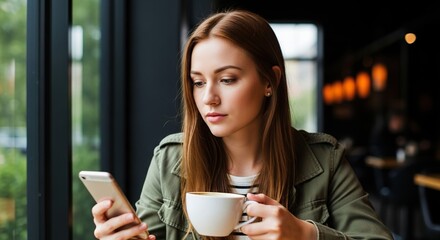 Young woman thoughtfully checks her smartphone while holding a warm coffee cup in a cozy cafe setting, enjoying a moment of quiet connection.