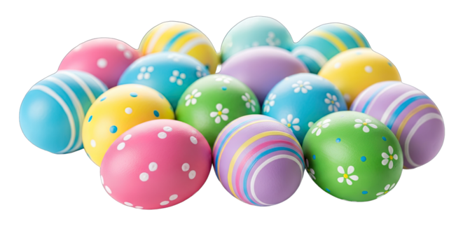 Assortment of colorful decorated Easter eggs in pastel shades with playful patterns and floral designs on a transparent background symbolizing spring and celebration