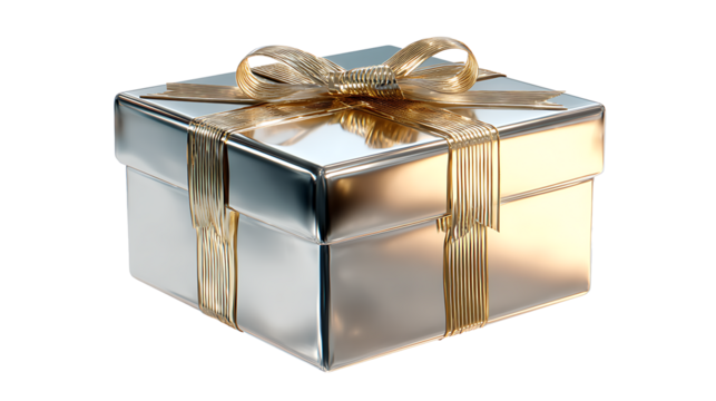 Shiny metallic gift box with ribbon and dramatic lighting, isolated on a white background - Powered by Adobe