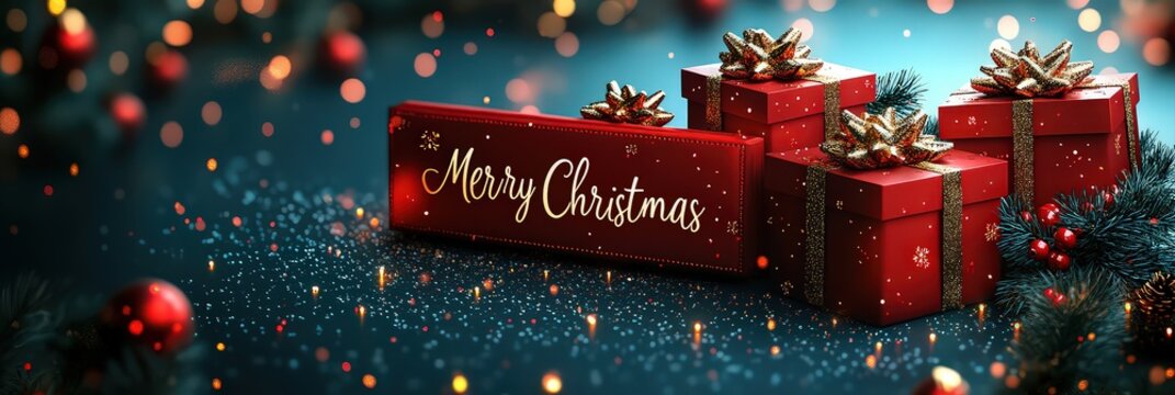Christmas banner. Realistic red gift boxes with a gold bow, pine branches, golden stars, and glittery confetti. Use for Christmas backgrounds, covers, posters, greeting cards, and website headers. - Powered by Adobe