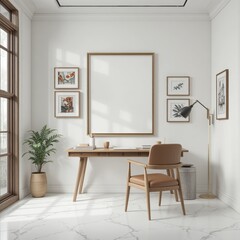 Modern Minimalist Home Office Workspace with Elegant Furniture and Serene Natural Light