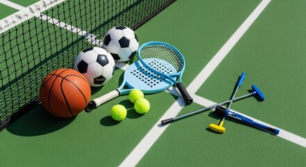 Dynamic collection of sports equipment including basketball, soccer balls, tennis rackets, and golf clubs on a vibrant green court ready for action