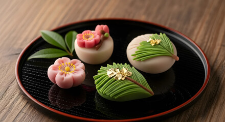 日本の美：お正月を彩る雅な和菓子と金箔のクローズアップ写真