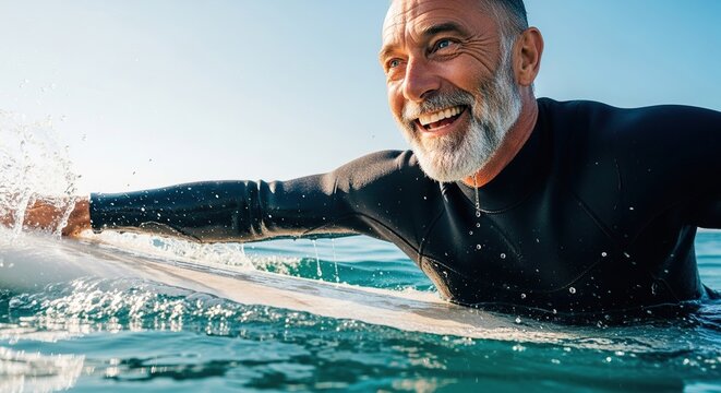 Joyful senior man with beard laughs while paddling on surfboard in bright ocean water, embracing active lifestyle and freedom - Powered by Adobe