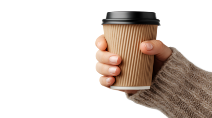 Woman’s hand holding a coffee cup to go, lifestyle concept, isolated on a white background
