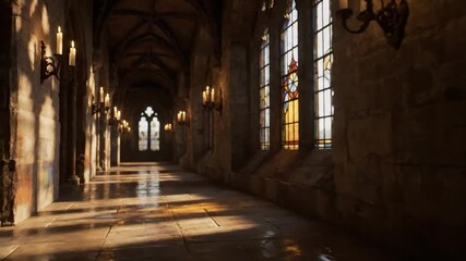 A gothic cathedral corridor illuminated by candlelight and vibrant stained-glass windows, warm light - Powered by Adobe