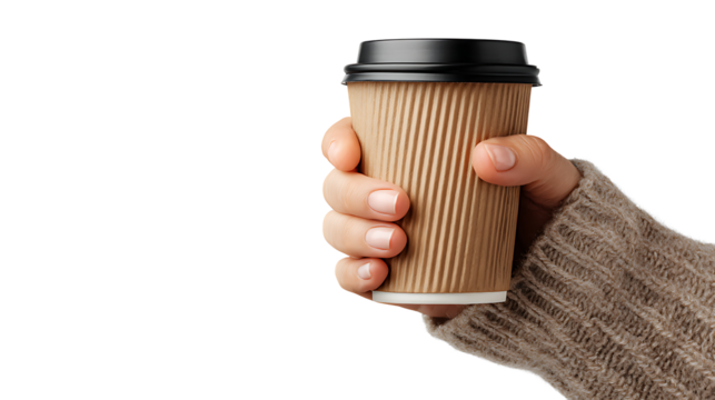 Woman’s hand holding a coffee cup to go, lifestyle concept, isolated on a white background