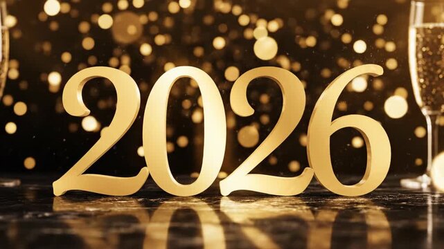 Shining golden 2026 number with bright bokeh particles and champagne glass. Happy New Year celebration concept.