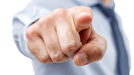 Man’s hand pointing forward, business leadership concept, isolated on a white background