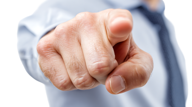 Man’s hand pointing forward, business leadership concept, isolated on a white background