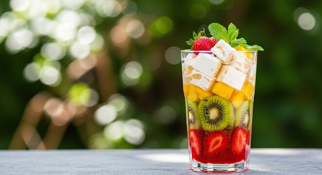 Vibrant, layered fruit parfait bursting with fresh strawberries, juicy kiwi, and sweet mango topped with mint and a strawberry garnish