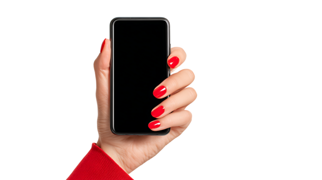 Woman’s hand with red nails holding smartphone, communication concept, isolated on a white background