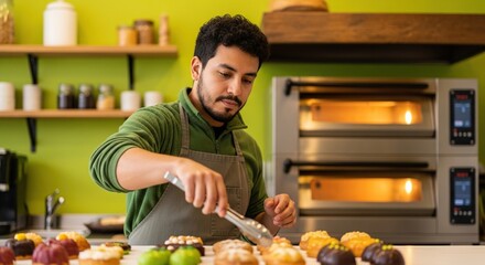 Dedicated baker carefully arranges delicious pastries in a vibrant, modern bakery kitchen with ovens glowing warmly in the background