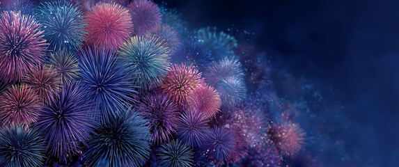 Fototapeta premium Radiant fireworks bursting across a deep night sky with sparkling trails and shimmering light forming a vivid festive display that fills the atmosphere with vibrant motion and glowing color 
