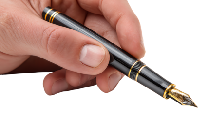 Man’s hand writing with a fountain pen, education and creativity concept, isolated on a white background