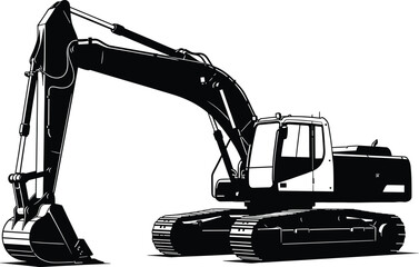 Black excavator machine with large bucket and tracks, excavator, construction, heavy equipment, machine, vehicle, industrial, digger, bulldozer, tractor, earthmover, machinery, transport, building, in