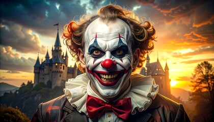 Sinister clown grin against sunset sky with hilltop castle; eerie, surreal, and unsettling