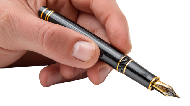 Man’s hand writing with a fountain pen, education and creativity concept, isolated on a white background