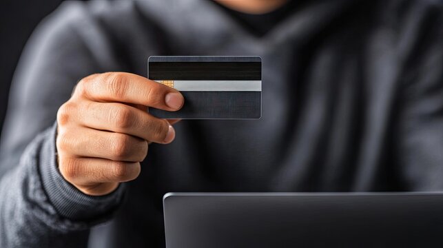 Close-up of a thief’s hand holding a credit card during a cyber attack on a laptop at night, illustrating online theft vulnerability