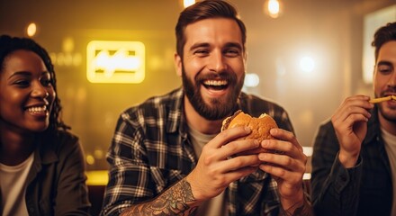 Joyful friends sharing delicious burgers and fries in a lively, warmly lit restaurant atmosphere, capturing moments of pure happiness and connection.