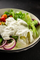 Burrata salad tomato, purple onion, green leaf lettuce tasty snack fresh gourmet food table setting rustic food top view copy space keto and paleo diet vegetarian food