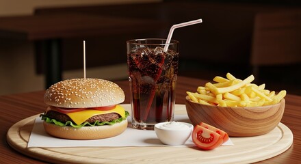 Savor a classic meal with a juicy burger, crisp fries, and refreshing cola, perfect for fast food promotions and casual dining.