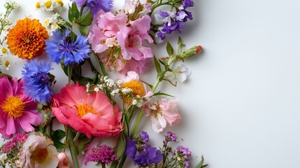 Colorful mix of fresh flowers arranged on a white background for a cheerful display