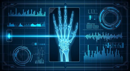 Futuristic Medical Diagnostic Interface Displaying Human Hand Skeleton X-ray Scan with Digital Data Charts and Glowing HUD Elements in Deep Blue Background Advanced Technology for Health Mon
