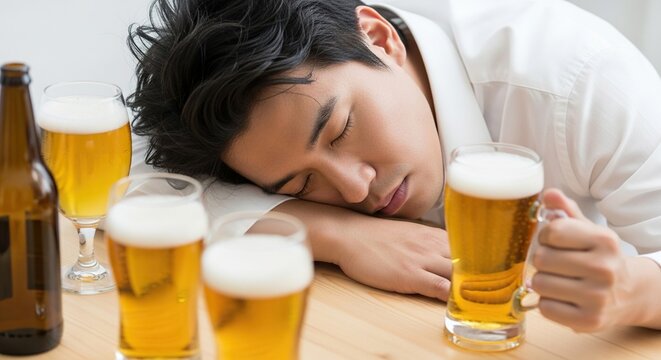 Exhausted businessman sleeps at table surrounded by beer glasses after long night of work - Powered by Adobe