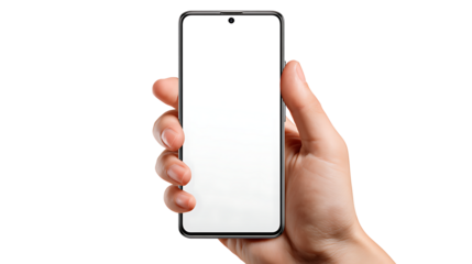 Woman’s hand holding a smartphone with blank white screen