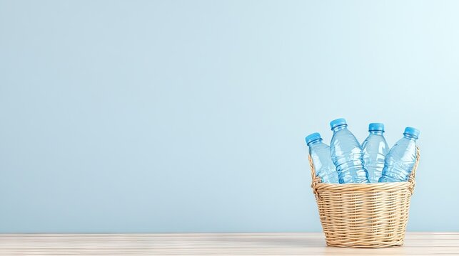 Stacks of clear plastic water bottles in a woven basket on a wooden table with a simplistic grey background