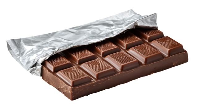 Opened chocolate bar partially unwrapped, showing realistic texture