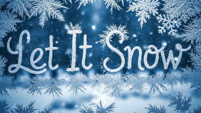 Let it snow festive greeting on a winter window with snowflakes and blue tones for Christmas and New Year 2026.
