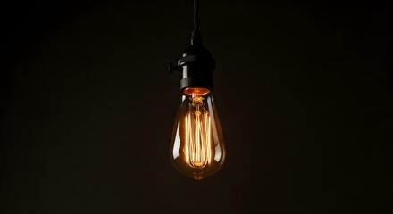 Close up of a vintage edison light bulb glowing with warm light against a dark background