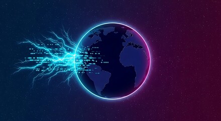 Global Digital Data Transfer Concept Featuring Neon Earth Globe Silhouette Illuminated By Bright Cyan Lightning Bolts And Futuristic Binary Code Blocks Across A Deep Space Starry Background