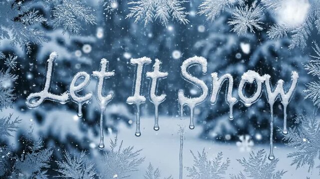 Let it snow text with frosty snowflakes, bokeh, and dripping ice effect. Christmas and New Year winter holiday banner concept.