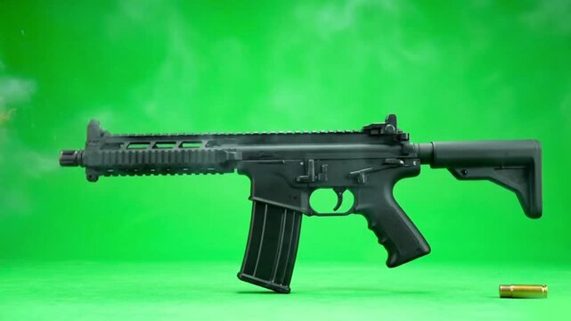 A black ar rifle firing with muzzle flash and bullet on a green screen studio background scene shot