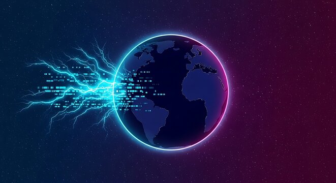 Global Digital Data Transfer Concept Featuring Neon Earth Globe Silhouette Illuminated By Bright Cyan Lightning Bolts And Futuristic Binary Code Blocks Across A Deep Space Starry Background