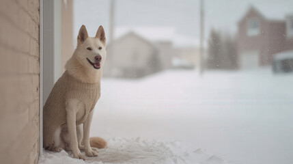 cheerful dog wearing festive christmas sweater sits happily on doorstep essence of holiday joy
