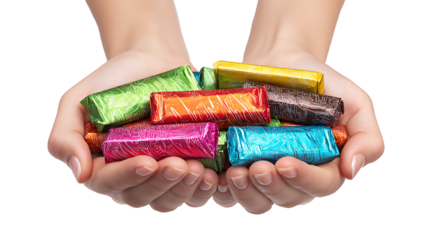 Set of hands holding colorful candy bars with shiny wrappers