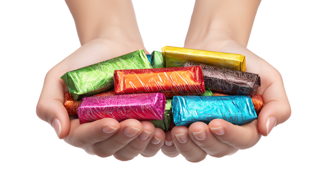 Set of hands holding colorful candy bars with shiny wrappers - Powered by Adobe
