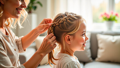 Mother lovingly braiding hair of young girl while sitting on sofa at home  