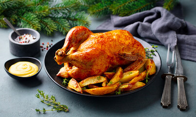 Roasted chicken with potatoes on a black plate. Christmas dinner. Grey background. Close up.