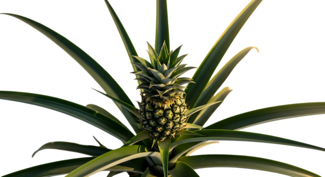 Young pineapple plant, with developing fruit and green leaves, cutout, PNG isolated on white or transparent background - Powered by Adobe