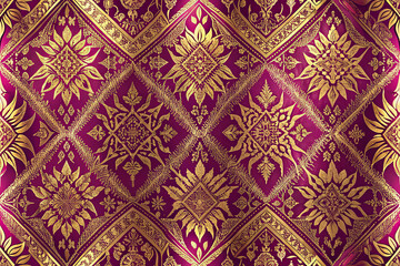 Thai Silk Fabric Pattern with Gold Ornament on Magenta Background Textile Design Floral Elements Artistic Texture Luxurious Traditional Fashion Decorating Arts and Crafts