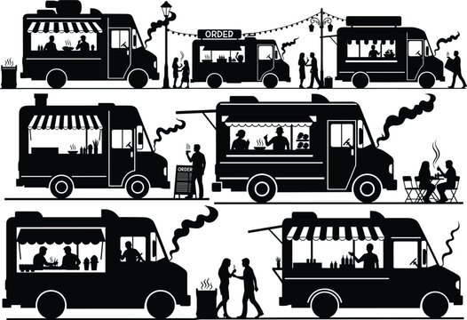Black silhouette food trucks with people ordering and eating, food truck, silhouette, black and white, street food, ordering, eating, people, customers, vendors, service, outdoor dining, urban, city,  - Powered by Adobe