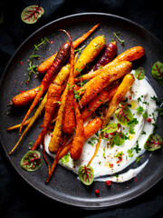 Simple Roasted Carrots with Yogurt and North African Spices. Dark grey background. Close up. Top view.